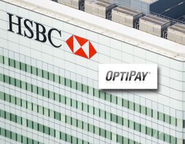 Photo of an HSBC high-rise building with an overlaid OptiPay logo.