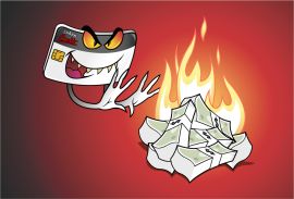 Against a blood red background, a credit card with evil looking eyes and smile waves his hands in front of a pile of currency, causing it to catch on fire.