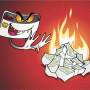 Against a blood red background, a credit card with evil looking eyes and smile waves his hands in front of a pile of currency, causing it to catch on fire.