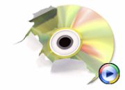An audio cd rips through the white background of the page, creating a large tear. The program icon from Windows Media Player is overlaid on the bottom-right of the image.