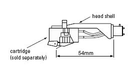 Mechanical diagram of a headshell and a cartridge. A line between the stylus tip and the tonearm end of the headshell reads 54mm.