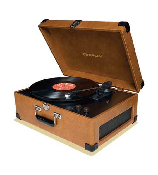 Marketing photo shows the Crosley CR249 turntable with cover open, playing a record.