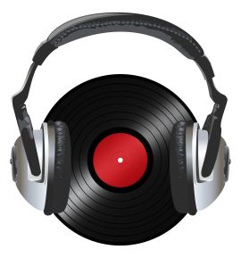 Illustation of a long playing vinyl record. A pair of headphones lays atop the record.