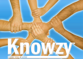 Logo reads 'Knowzy: Now You Know.' In the background is a photo of several hands on top of one another in the center. As the arms extend out, more hands grab on to the arms, forming a network.