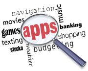 A magnifying glass hovers over categories of software such as music, games, shopping and others. Centered in the glass is the word 'apps.'