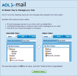 Screenshot of AOL web page that allows you to switch to a 'Unified Inbox.'
