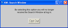 Dialog box for disabling AOL search window. Reads, 'By selecting the option you will no longer receive the Search Window at log in.