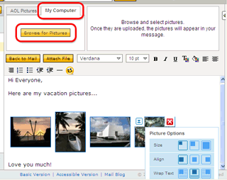 AOL web mail message with photos inside the e-mail. 'My Computer' tab and 'Browse for Pictures' button are highlighted.