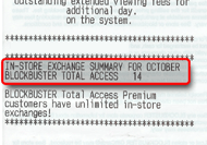 Blockbuster Video rental receipt showing total number of free in-store movie exchanges for the month.