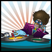 An illustration of a DJ scratching a record with an arrow pointing to the official USB logo.