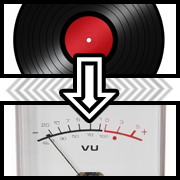 An record with an arrow pointing to an analog volume meter (VU).