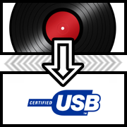 A LP record with an arrow pointing to the official USB logo.