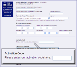 Step 2 of the Countrywide TripleAdvantage sign up process. The 'activation code' section is emphasized.