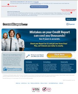 FreeCreditReport.com home page with disclaimer added by Knowzy. Bullet points in accompanying article describes the added elements.