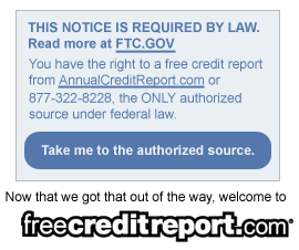 Disclosure text as described in accompanying article. Below reads, 'Now that we got that out of the way, welcome to FreeCreditReport.com.'