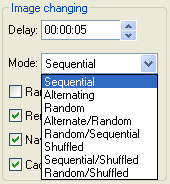 Screenshot of JPEG Saver showing the various modes for ordering your pictures. 8 modes including random, shuffled and sequential.