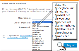 Screenshot of AT&T Wi-Fi sign in page at McDonald's. The 'Domain' dropdown list is highlighted, showing all AT&T e-mail domain names (such at att.net and sbcglobal.net).