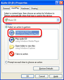 AutoPlay dialog box showing Music CD and Copy Music from CD selected.