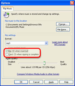 Windows Media Play Options Dialog, Rip Tab. Showing the Rip CD when Inserted and Eject CD when done checkboxes highlighted.
