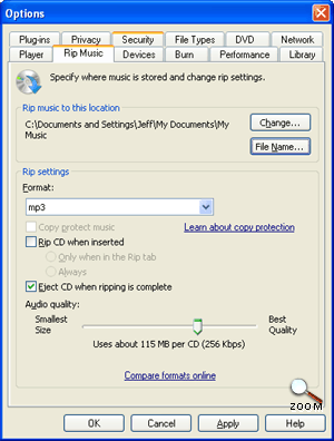 Windows Media Player Options Dialog Box with the Rip Music Tab Showing