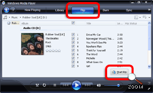 Windows Media Player Showing the Rip CD tab selected