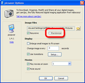 picsaver Configuration Dialog. Randomize checkbox is highlighted.