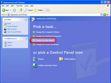 Appearance and Themes: Pick a Task with Choose Screen Saver Hightlighted