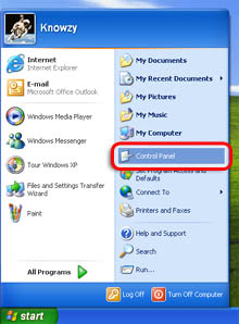 Windows XP Start Menu with the Control Panel item highlighted.