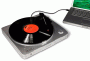 Marketing photo shows the Grace Digital Audio Vinylwriter (AVPUSB01S) USB Turntable from above connected to a laptop via a USB cable.