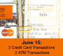 Slideshow shows 30 credit card transaction receipts followed by a photo of a cell phone calling the number to activate the credit card.